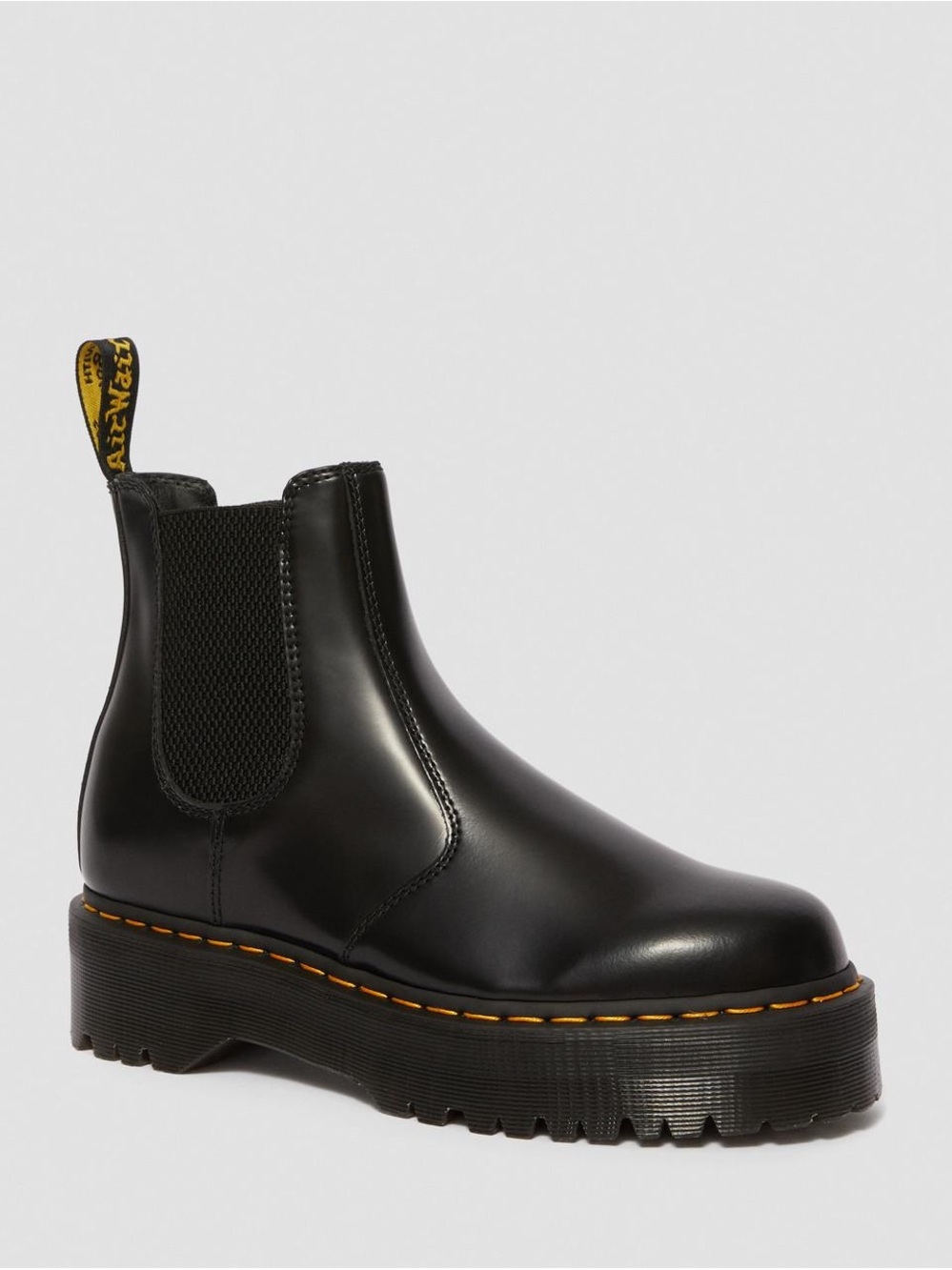 Dr. Martens Black Leather Platform Chelsea Boot with Yellow Heel Loop
